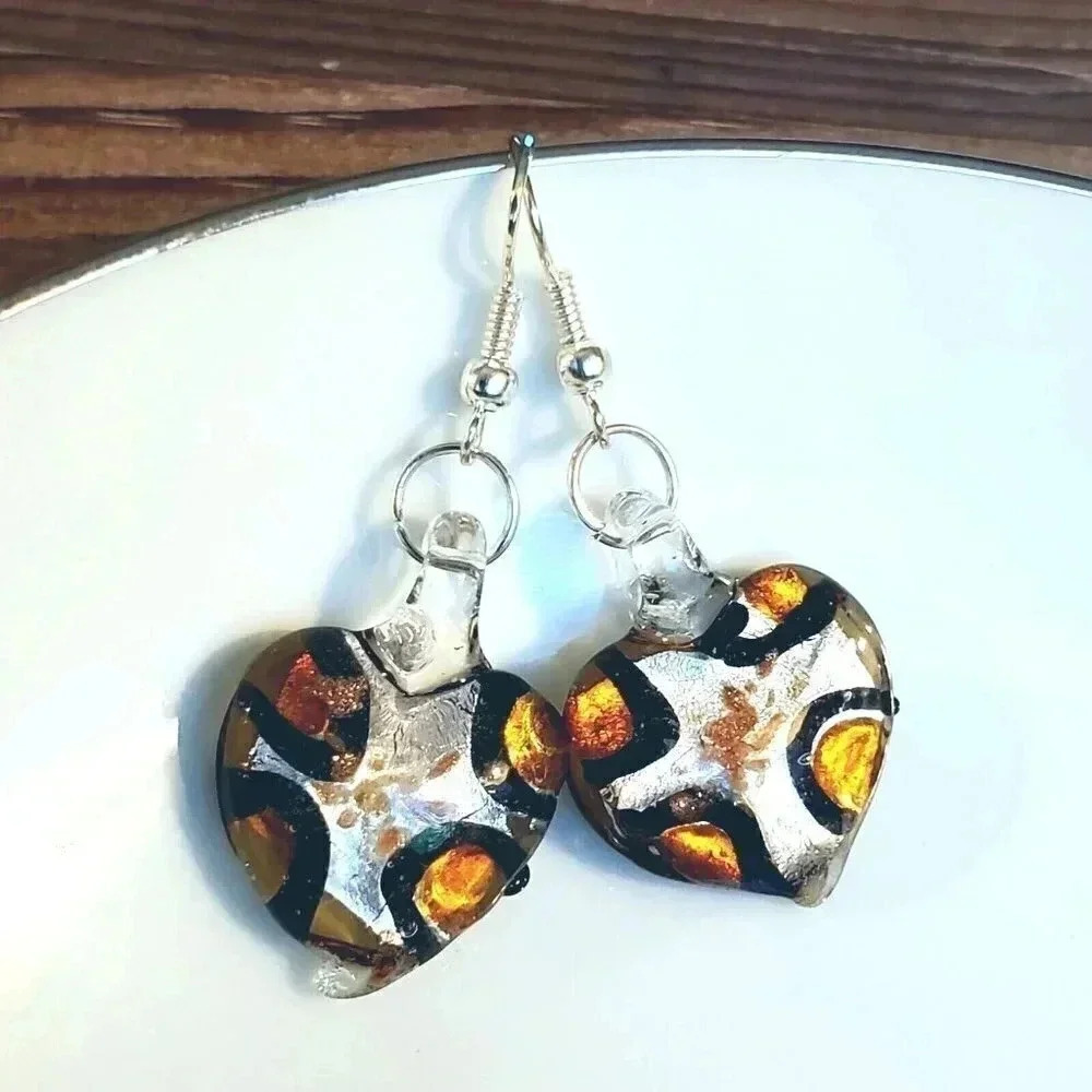 Hand Blown Murano Glass Amber Silver Black Giraffe Puffed Heart Pendant Earrings
